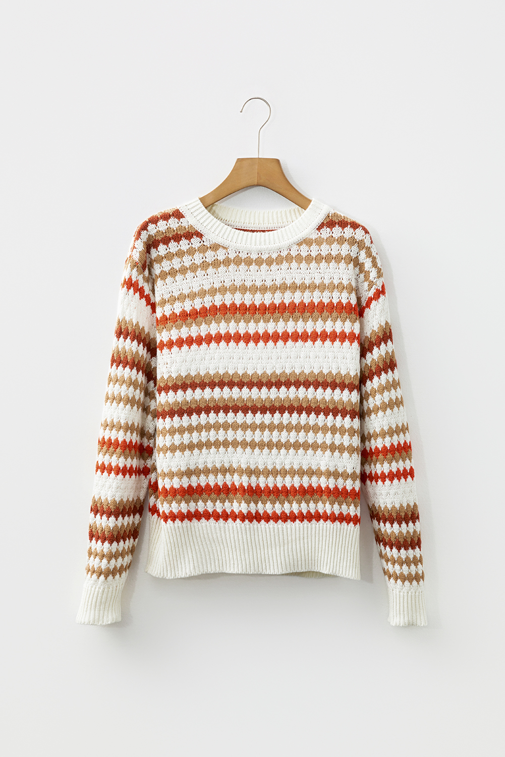 Brown Stripe Eyelet Patterned Drop Shoulder Sweater - loveforevers