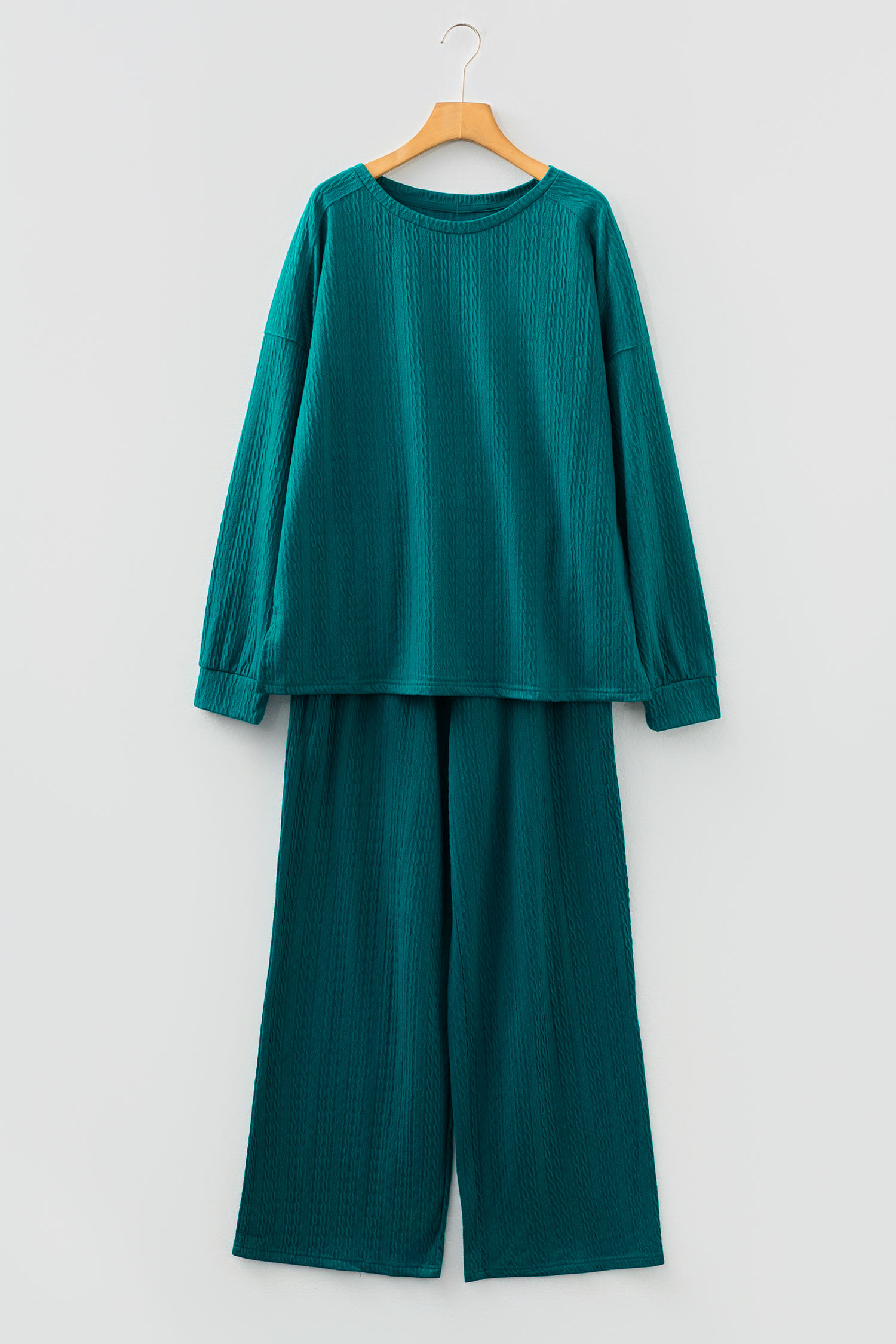 Smoke Green Textured Round Neck Sweatshirt & Loose Drawstring High Waist Pant Set - loveforevers