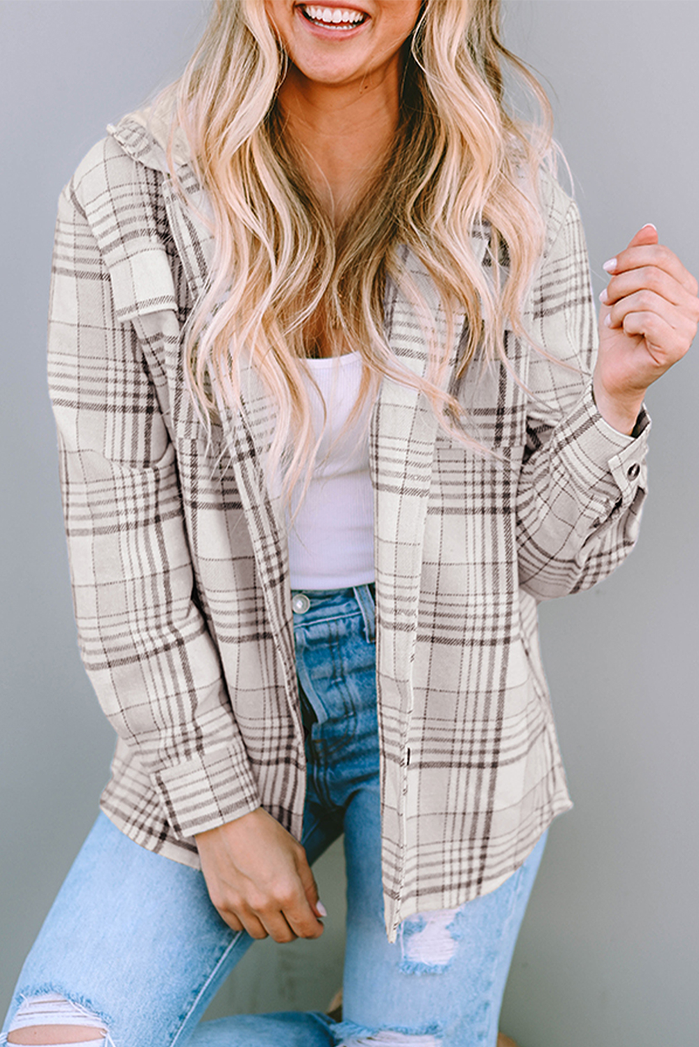 Khaki Plaid Removable Hood Buttoned Shacket - loveforevers