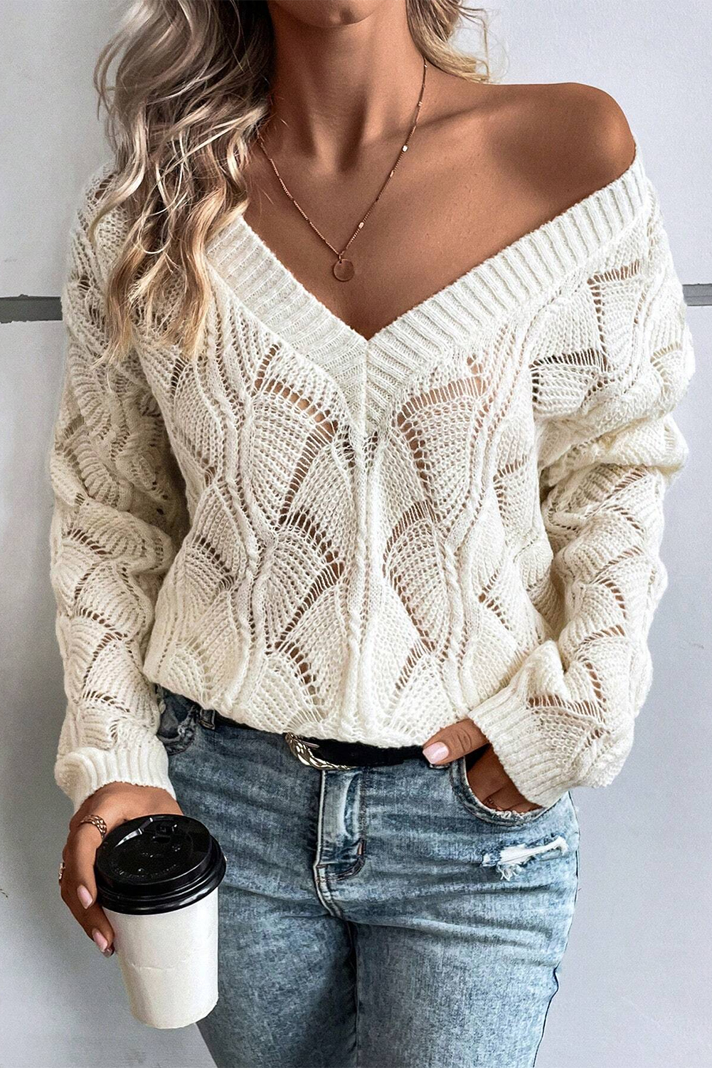 Beige Hollow Out Knit V Neck Drop Shoulder Sweater - loveforevers