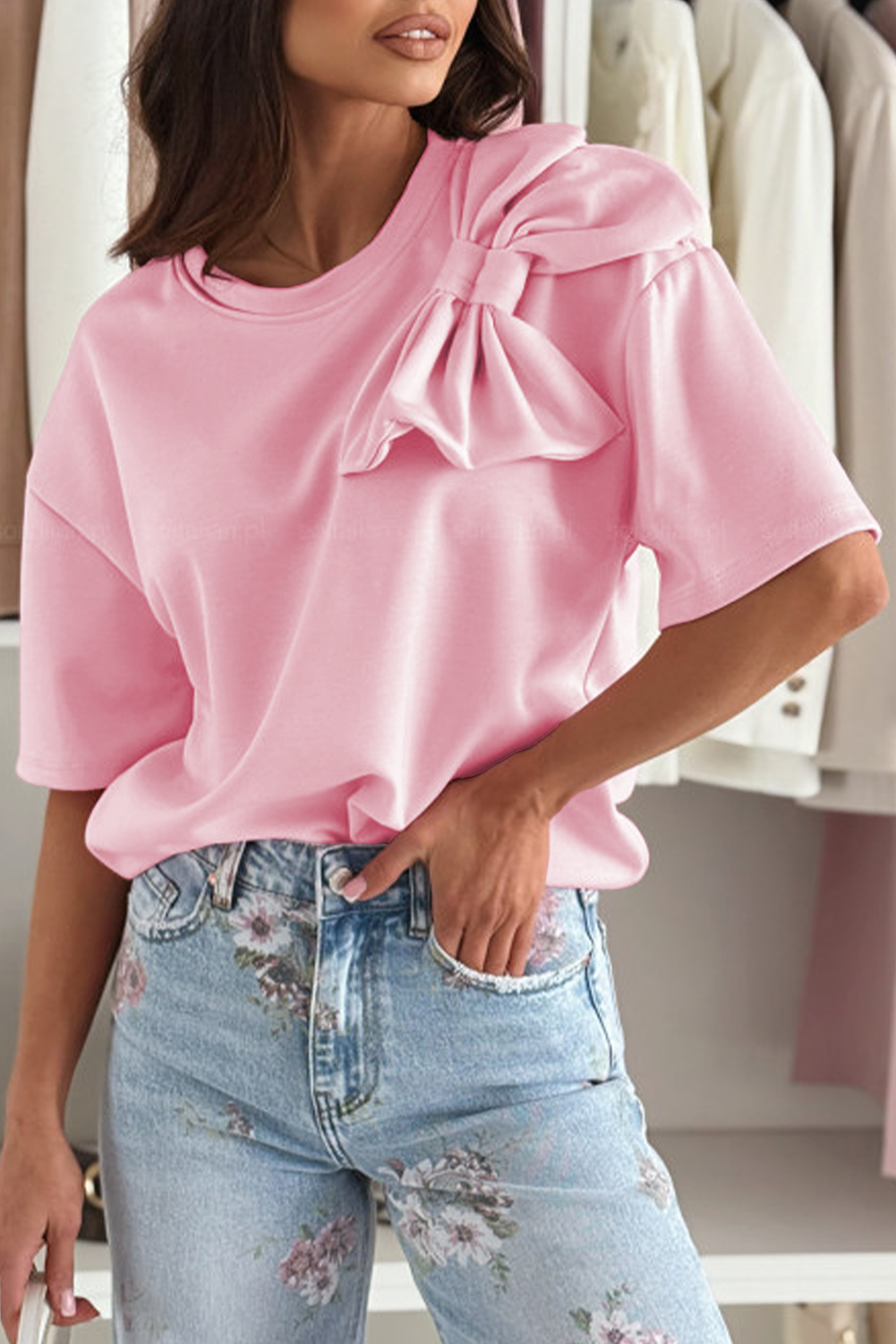 Pink Bow Applique Half Sleeve T-shirt - loveforevers