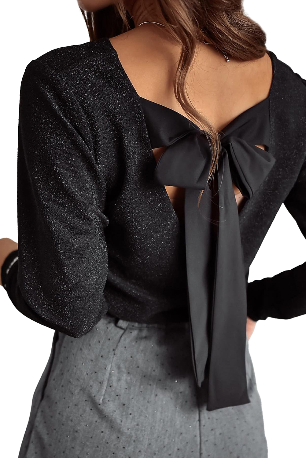 Red Metallic Bowknot Open Back V Neck Top - loveforevers