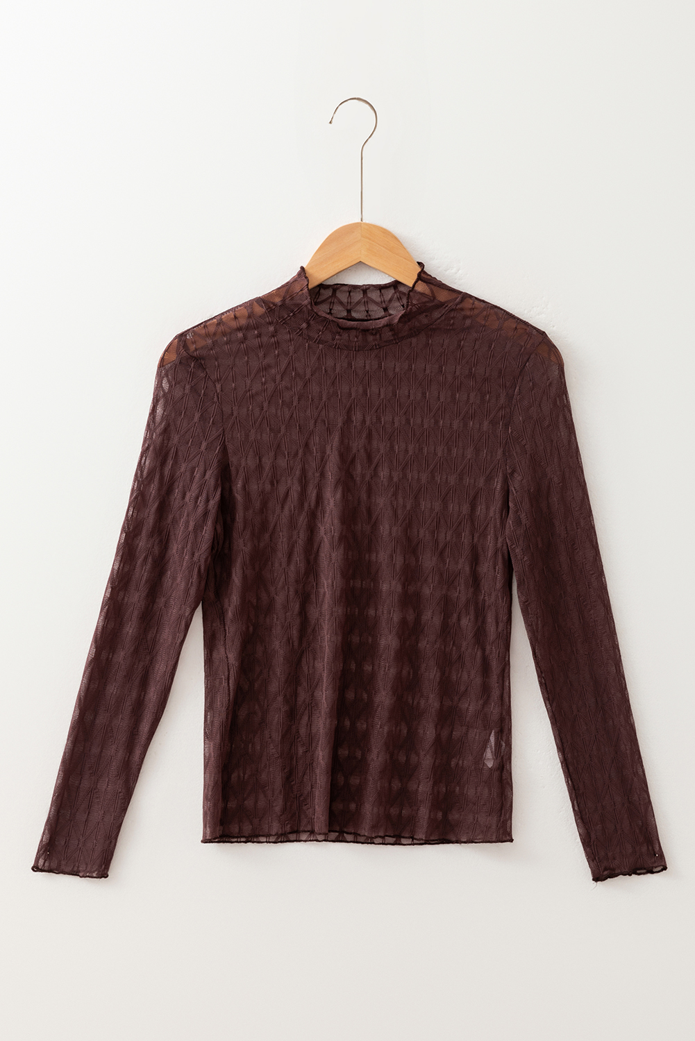 Coffee Sheer Mesh Patterned Lettuce Trim Slim Long Sleeve Top - loveforevers