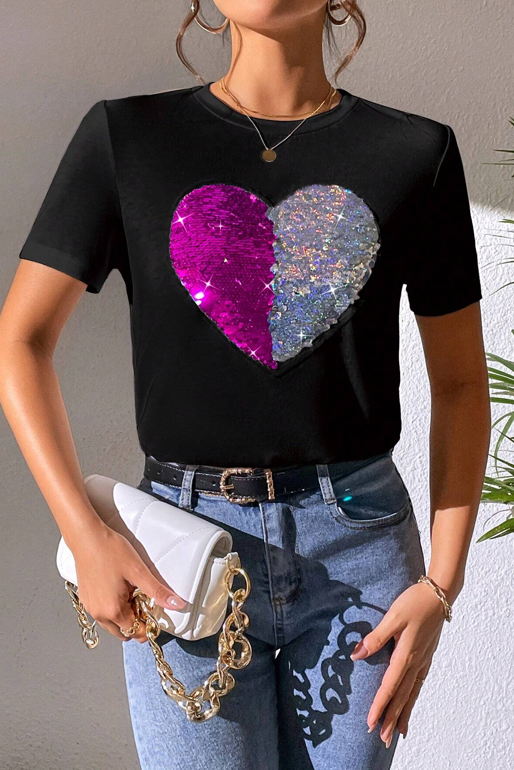 Red Leopard Striped Heart Shaped Print Crew Neck T Shirt - loveforevers