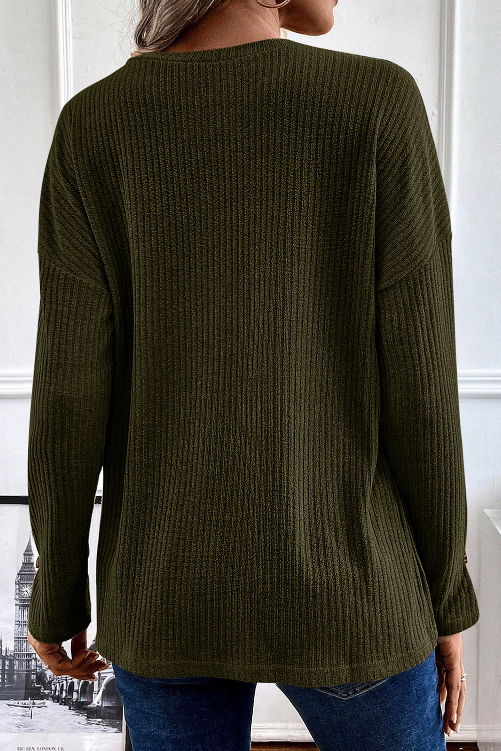 Jungle Green Rib Textured Henley Knit Top - loveforevers