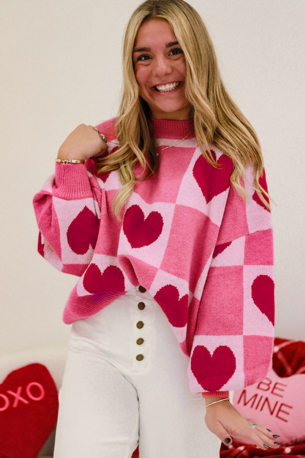 Pink Love Heart Checkered Valentine Crew Neck Sweater - loveforevers