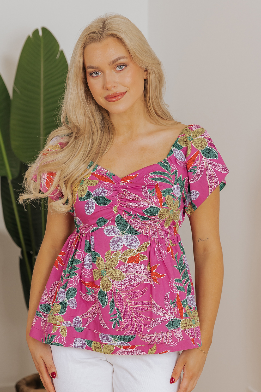 Purple Floral Print Sweetheart Neck Flutter Sleeve Blouse - loveforevers