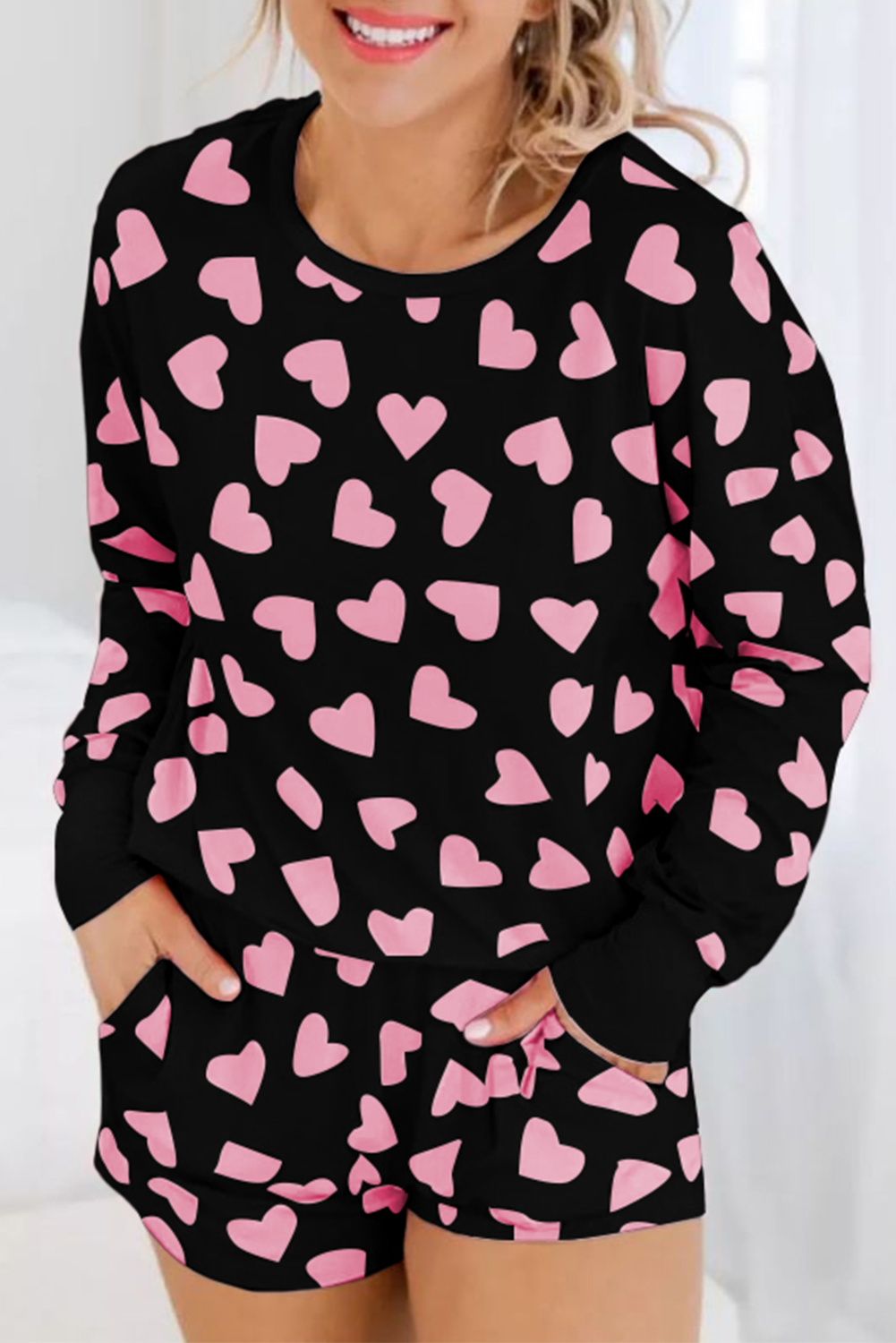 Black Valentine Heart Shape Print Long Sleeve Top Shorts Lounge Set - loveforevers