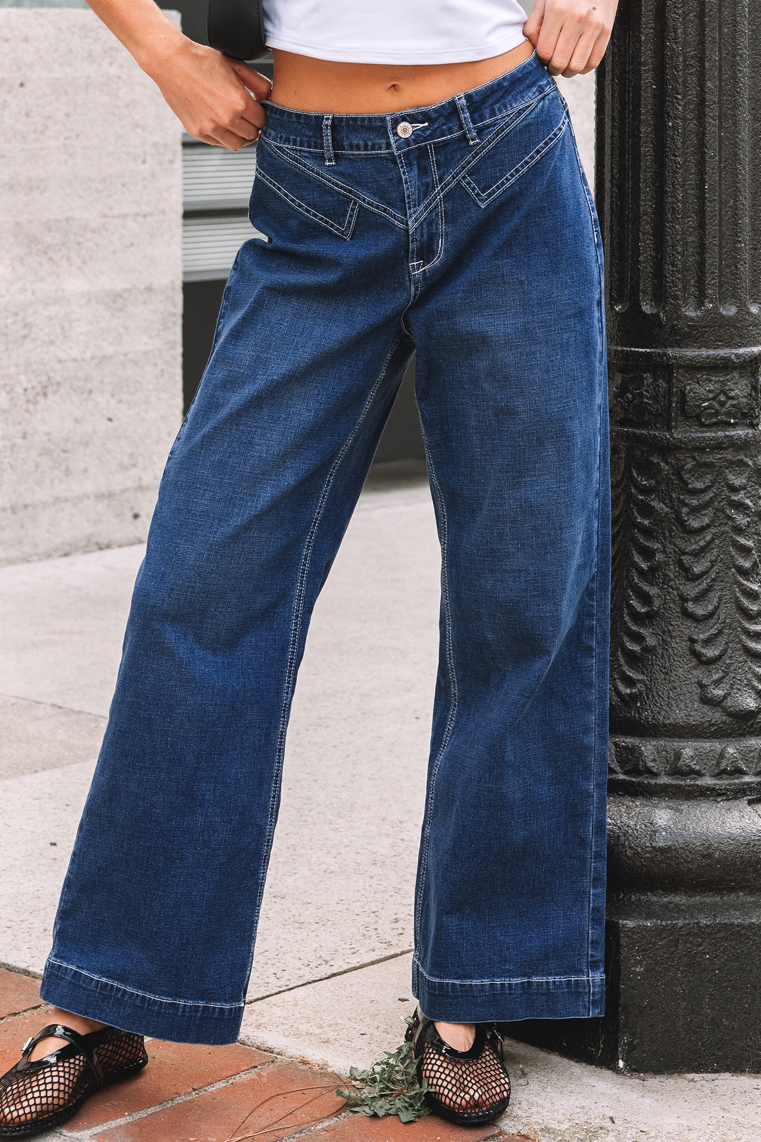 Sail Blue Stitched Waist Detail Loose Cuffed Jeans - loveforevers