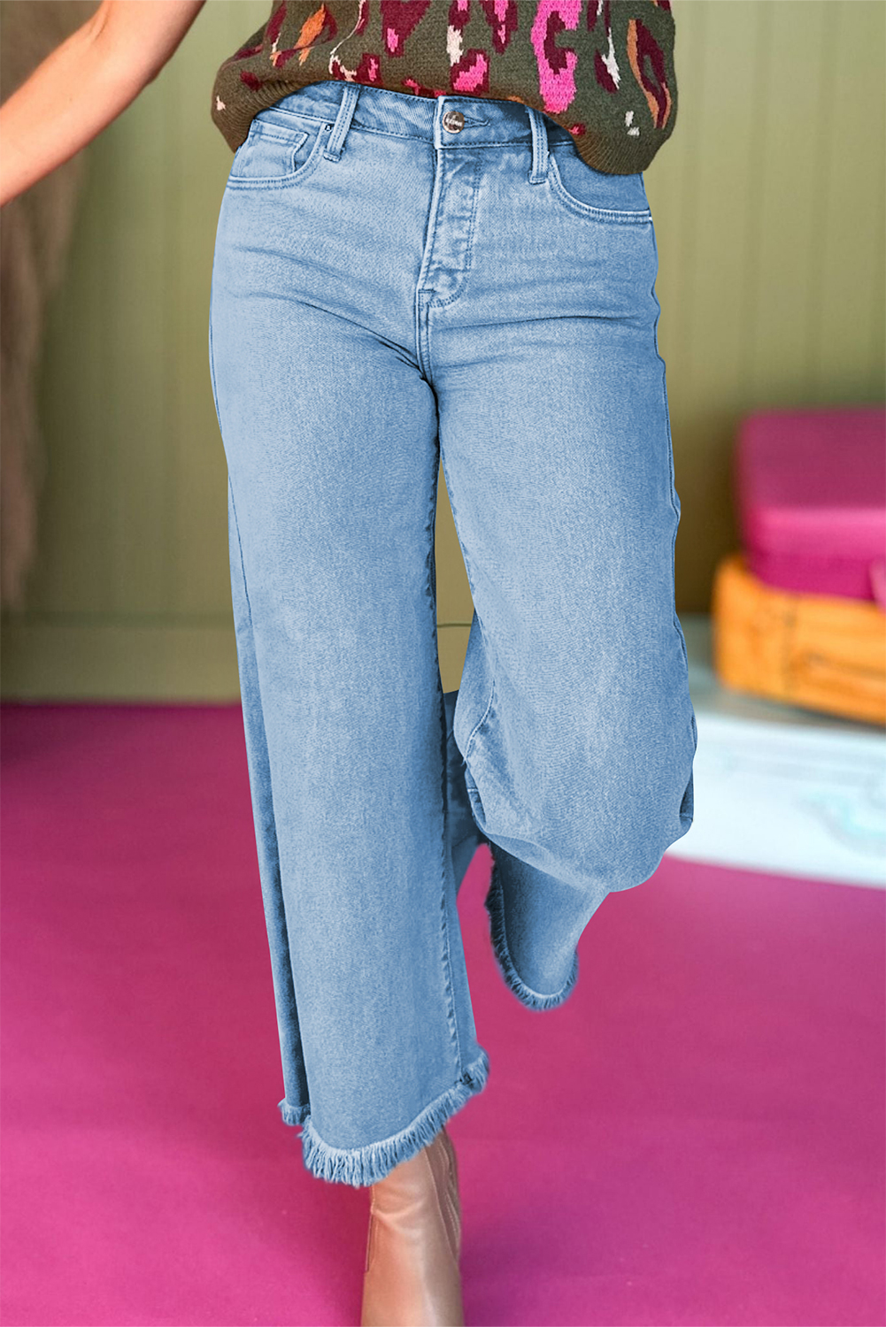 Peach Blossom Acid Washed High Rise Cropped Wide Leg Jeans - loveforevers