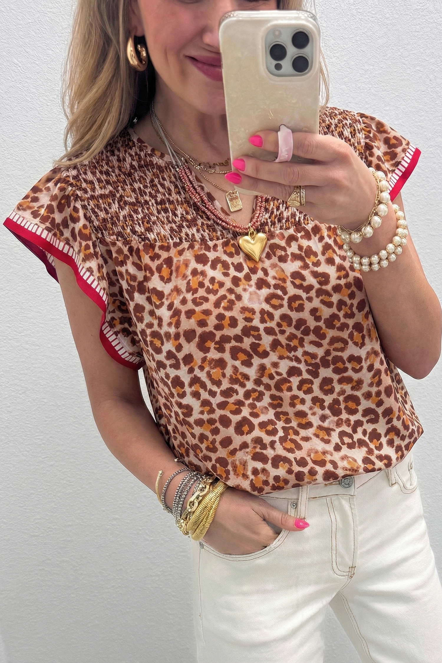 Apricot Contrast Trim Ruffled Short Sleeve Leopard Blouse - loveforevers