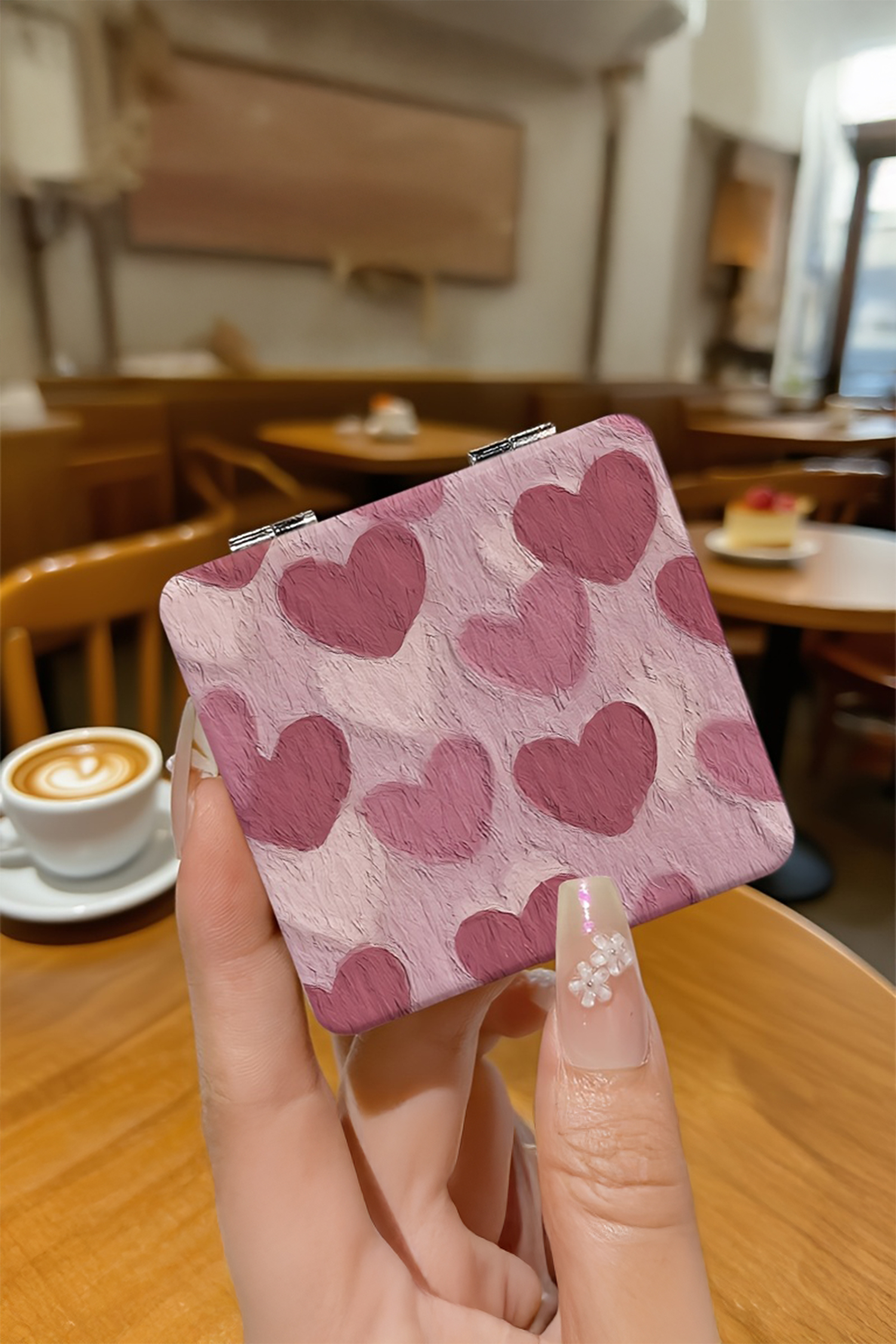 Light Pink Heart Printed Double-Sided Folding Portable Square Mini Mirror - loveforevers