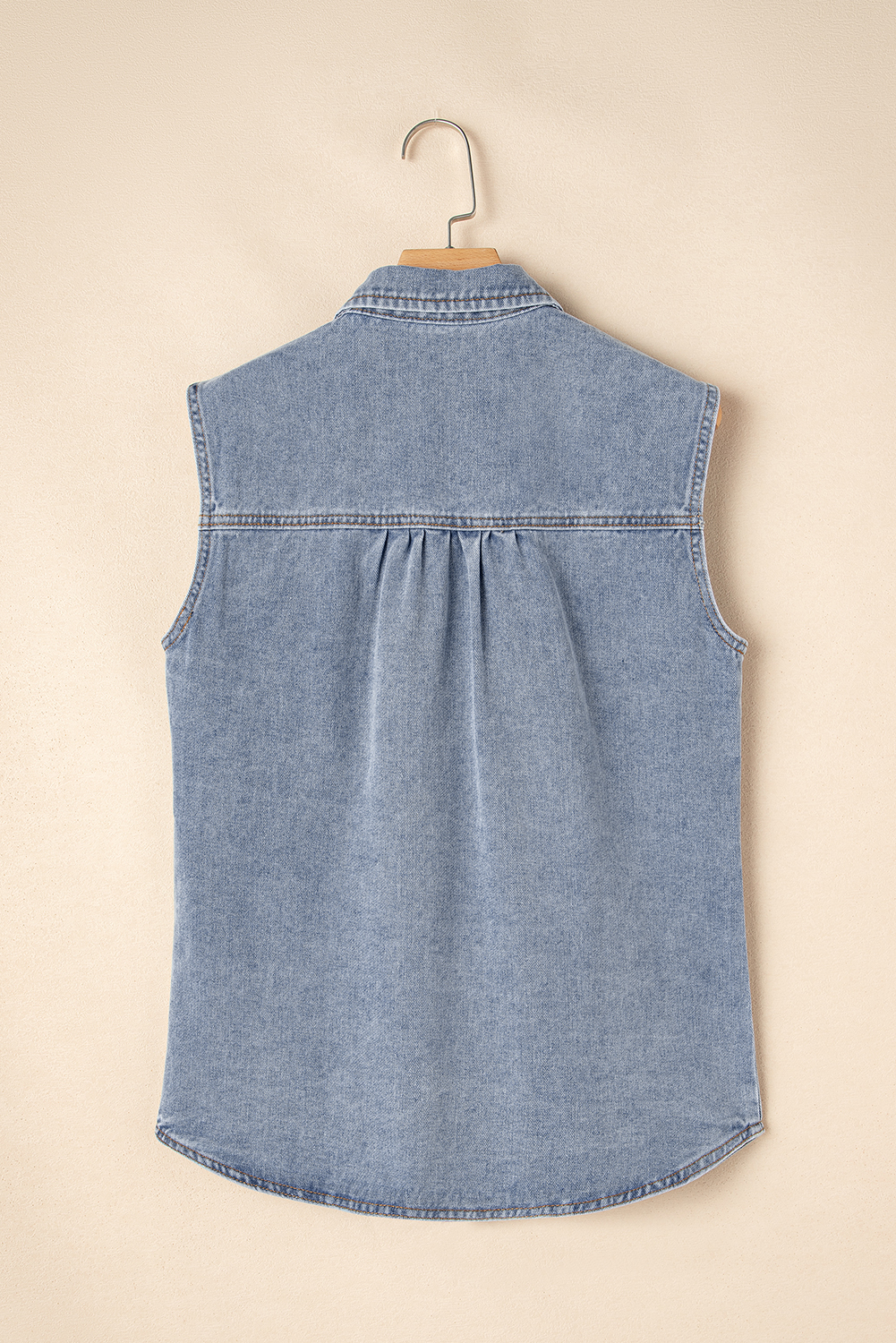 Beau Blue Denim Flap Pocket Curved Hem Shirt Vest - loveforevers