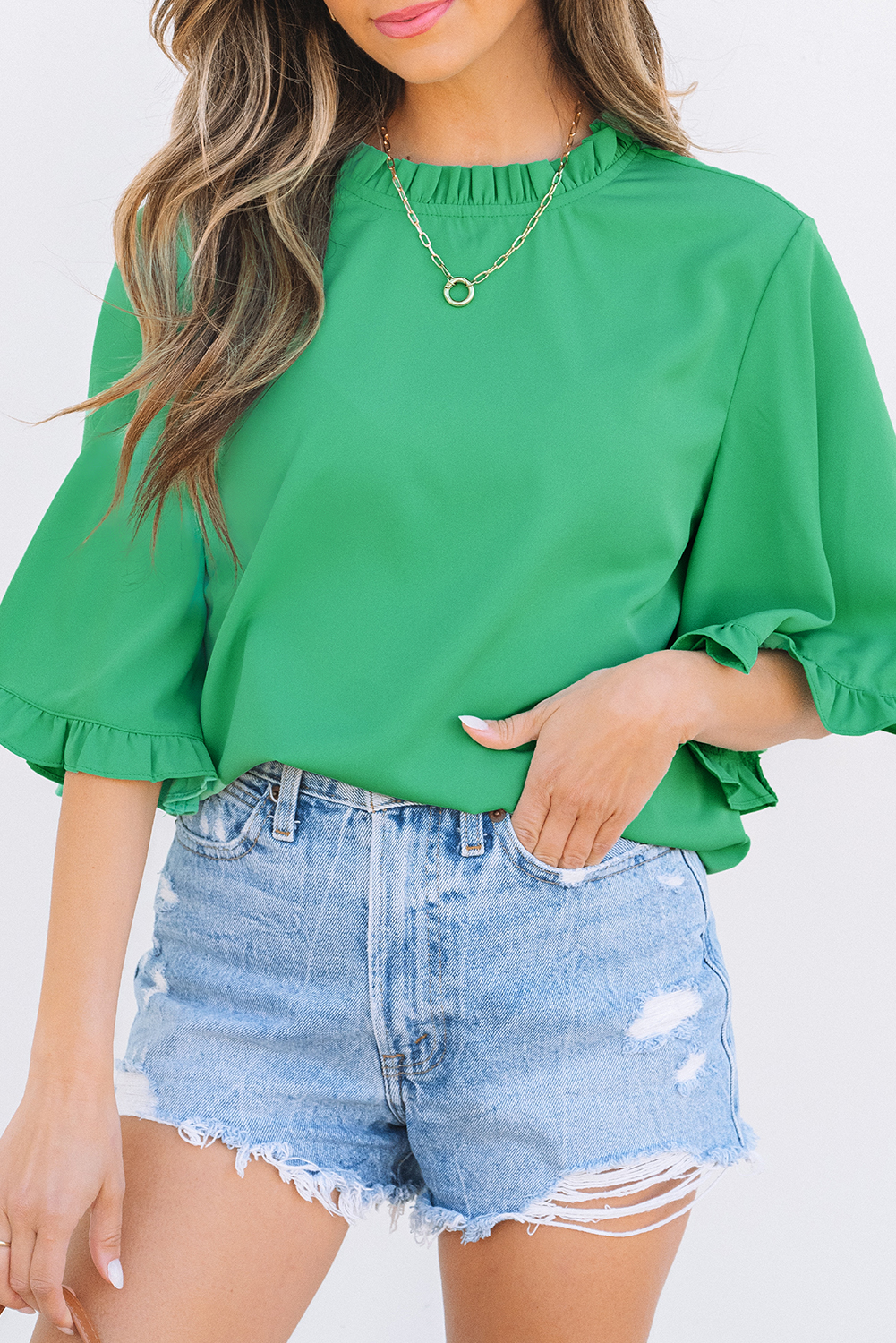 Green Frilly Round Neck Wide Half Sleeve Blouse - loveforevers