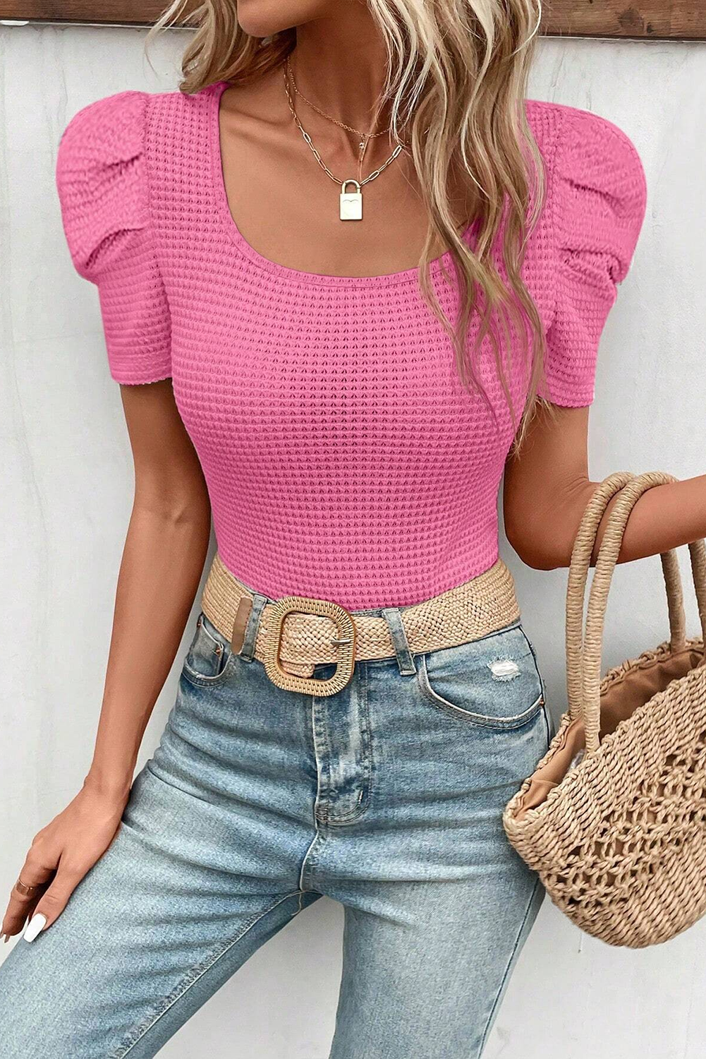 Bright Pink Waffle Knit Ruched Puff Sleeve Top - loveforevers