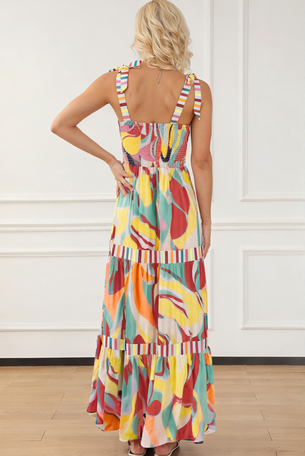 Sky Blue Abstract Print Striped Detail Knot Strap Maxi Dress - loveforevers