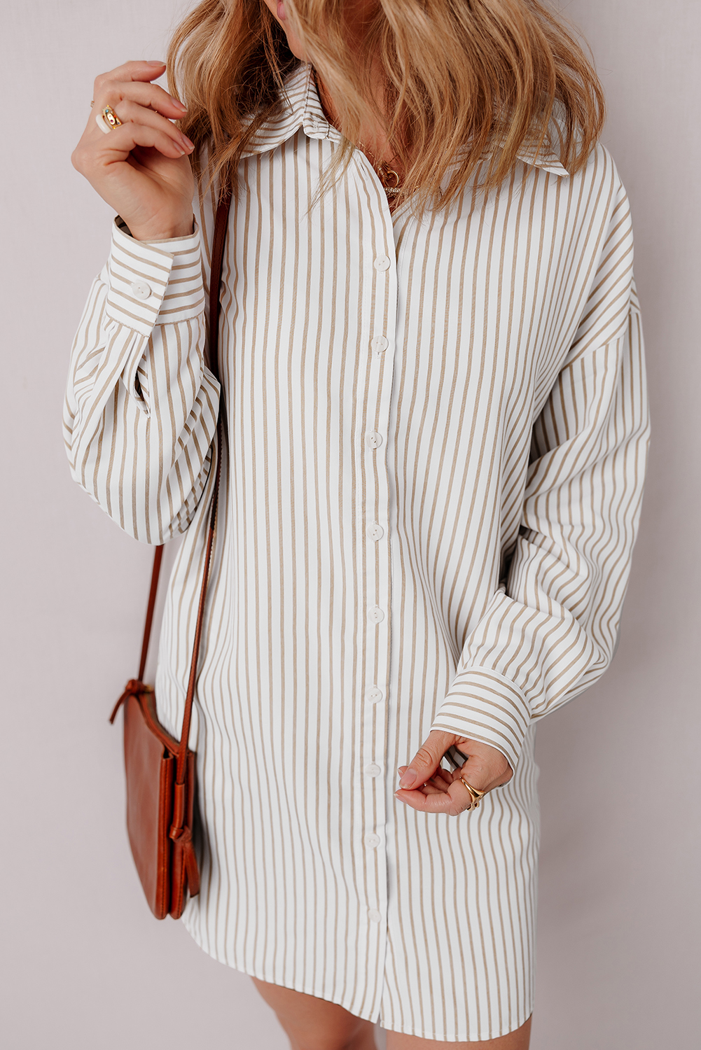 Khaki Stripe Long Sleeve Button Up Mini Shirt Dress - loveforevers