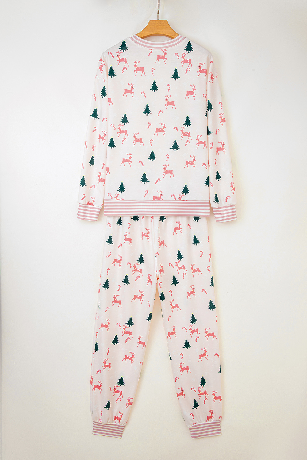 Pink Bow Christmas Tree Print Contrast Striped Banding 2pcs Lounge Set - loveforevers