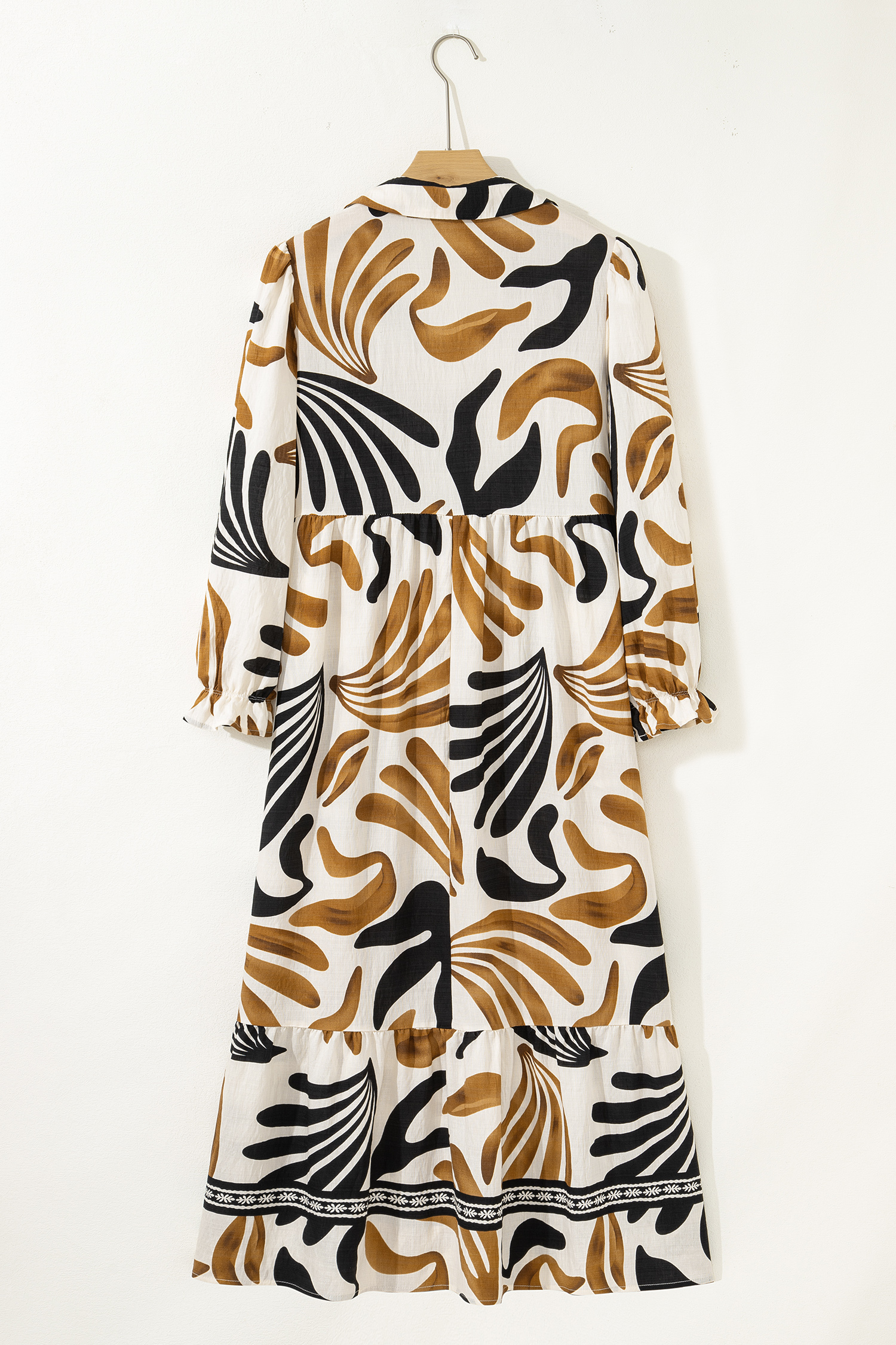 Brown Tropical Printed Contrast Trim Neck Long Sleeve Ruffle Hem Dress - loveforevers