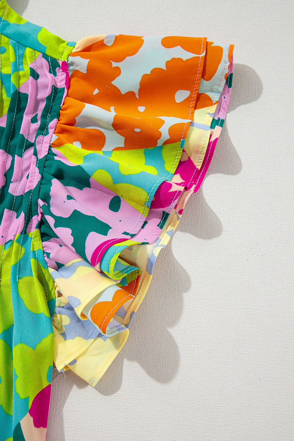 Multicolour Abstract Print Pleated Flutter Sleeve Blouse - loveforevers