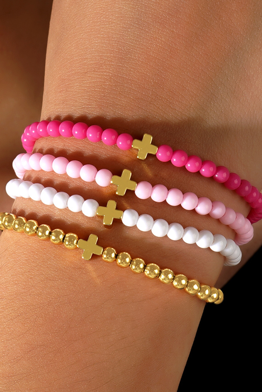 Gold Cross Beaded Multi Layered Elastic Bracelet Set - loveforevers
