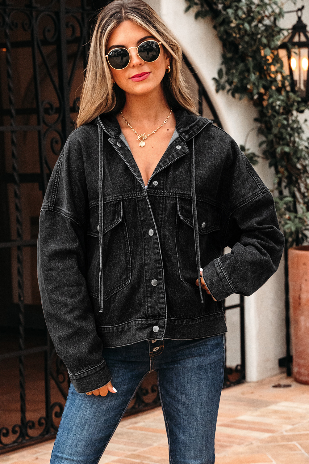 Black Big Chest Pocket Drop Shoulder Hooded Denim Jacket - loveforevers