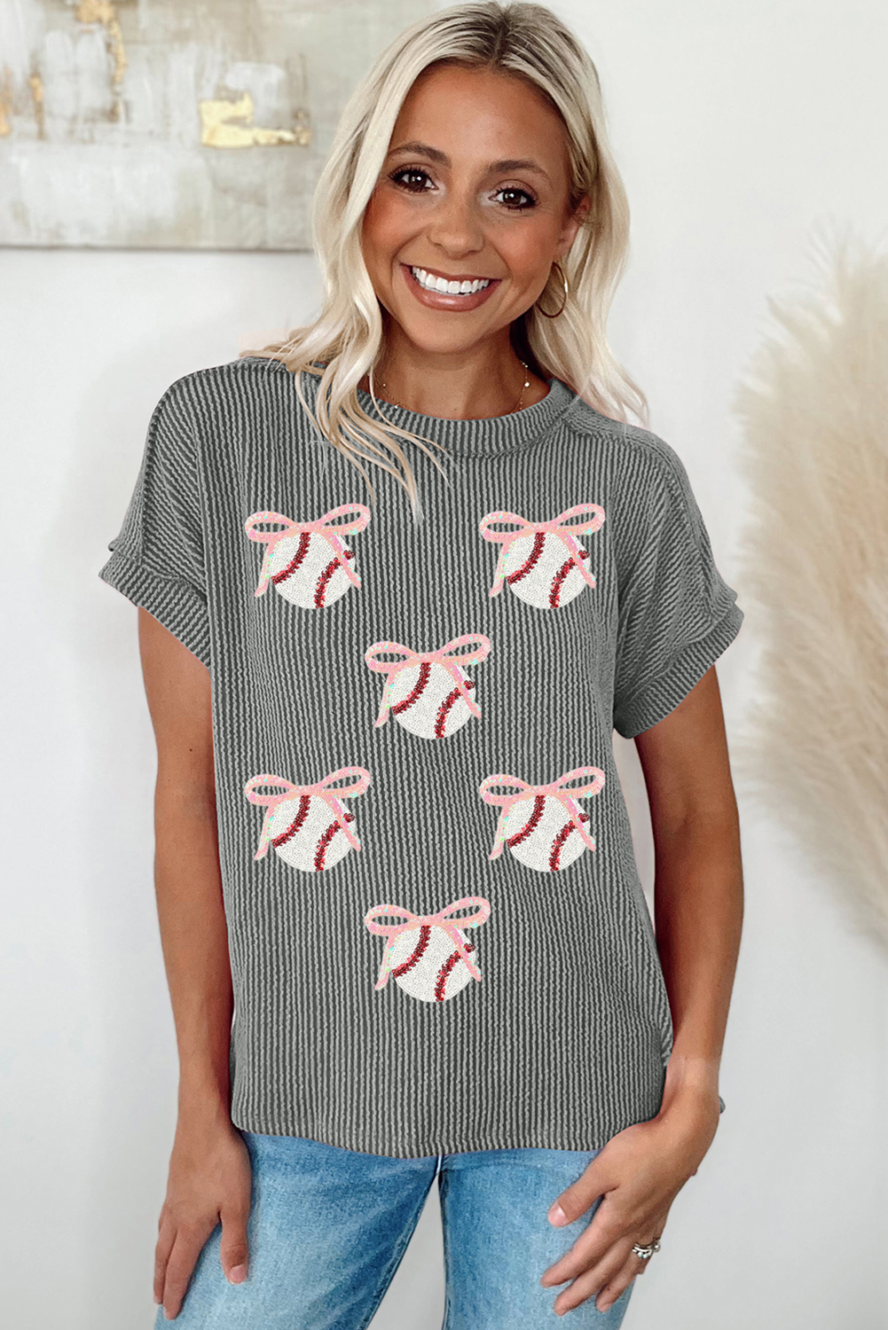 Medium Grey Twist Ribbed Sequined Bow Rugby Game Day Pattern Knit T Shirt - loveforevers