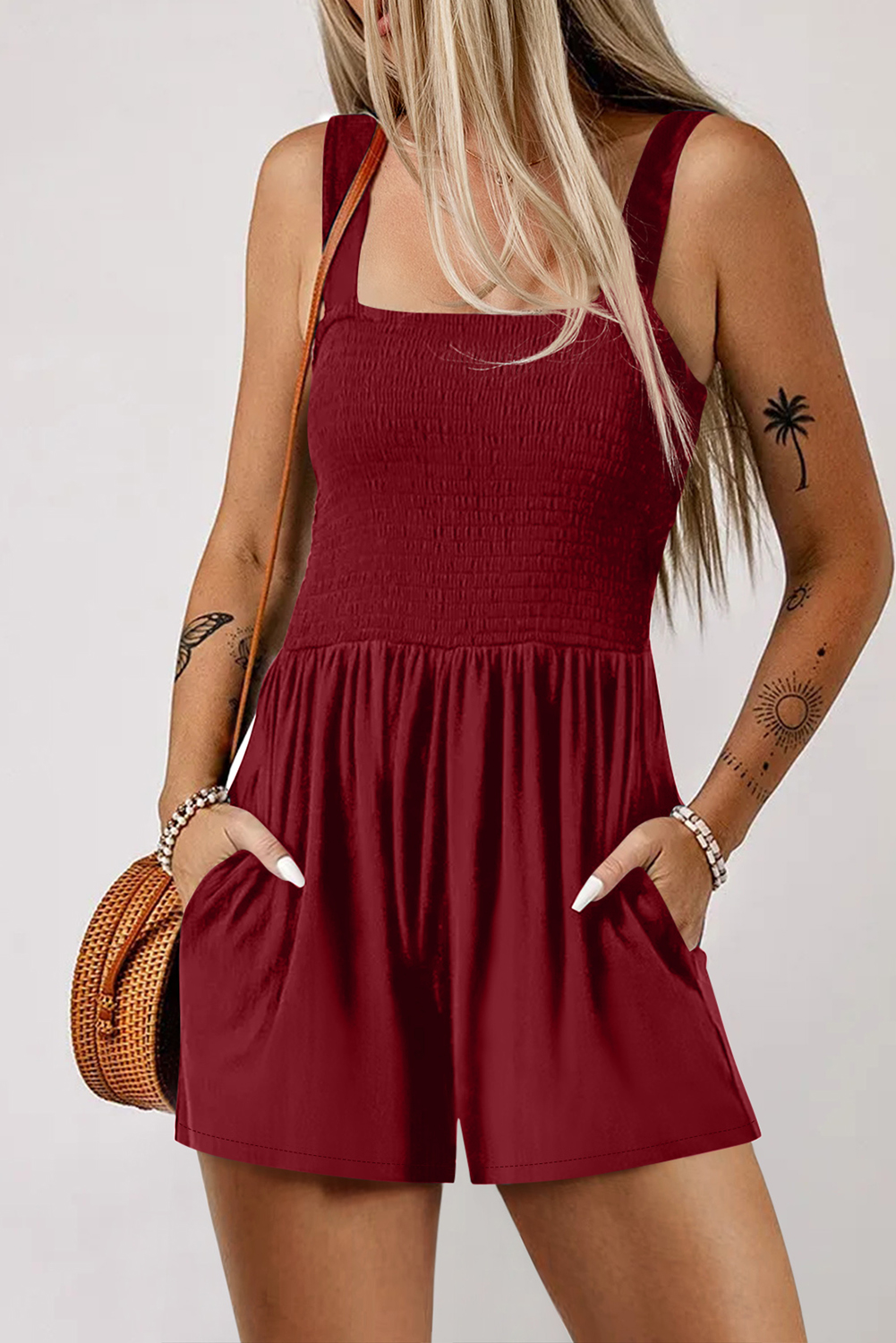 Burgundy Casual Pocketed Smocked Sleeveless Romper - loveforevers