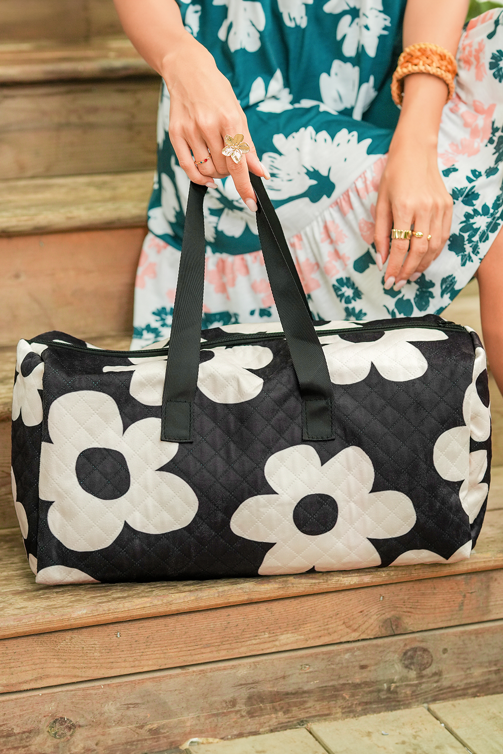 Black Flower Print Quilted Large Duffel Bag - loveforevers
