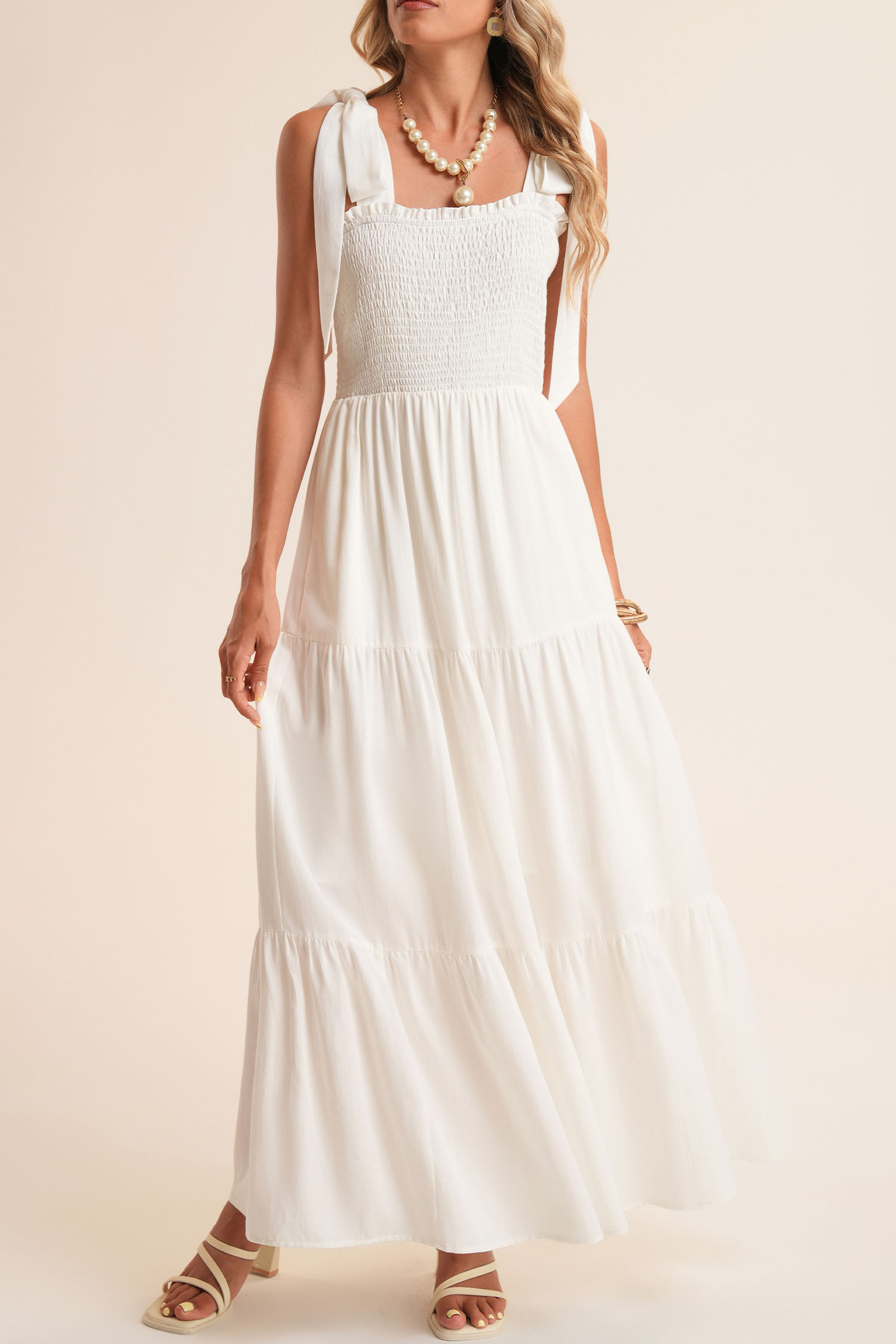 White Customizable Knot Straps Smocked Bodice Tiered Blank Maxi Dress - loveforevers