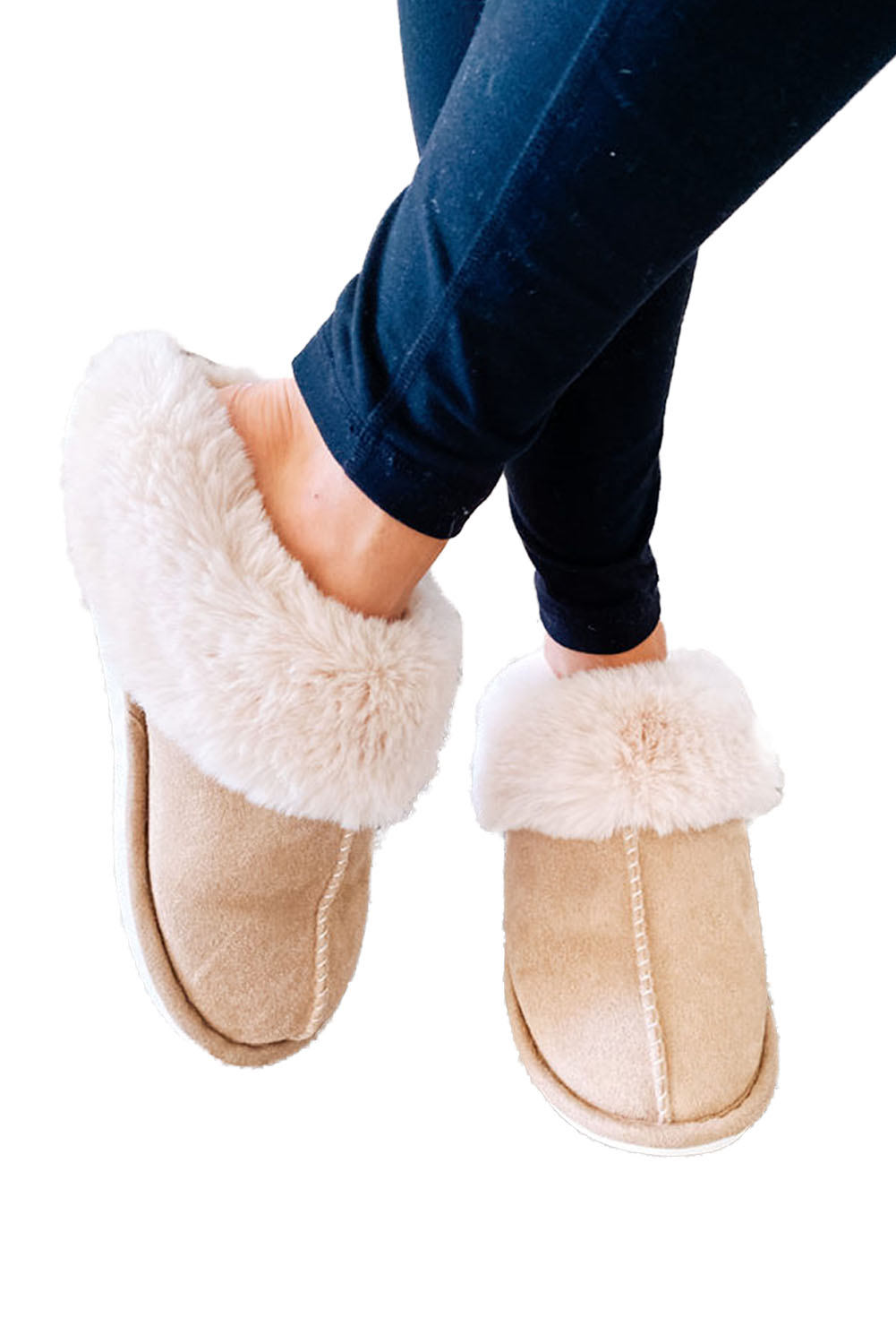 Khaki Cut and Sew Faux Suede Plush Lined Slippers - loveforevers