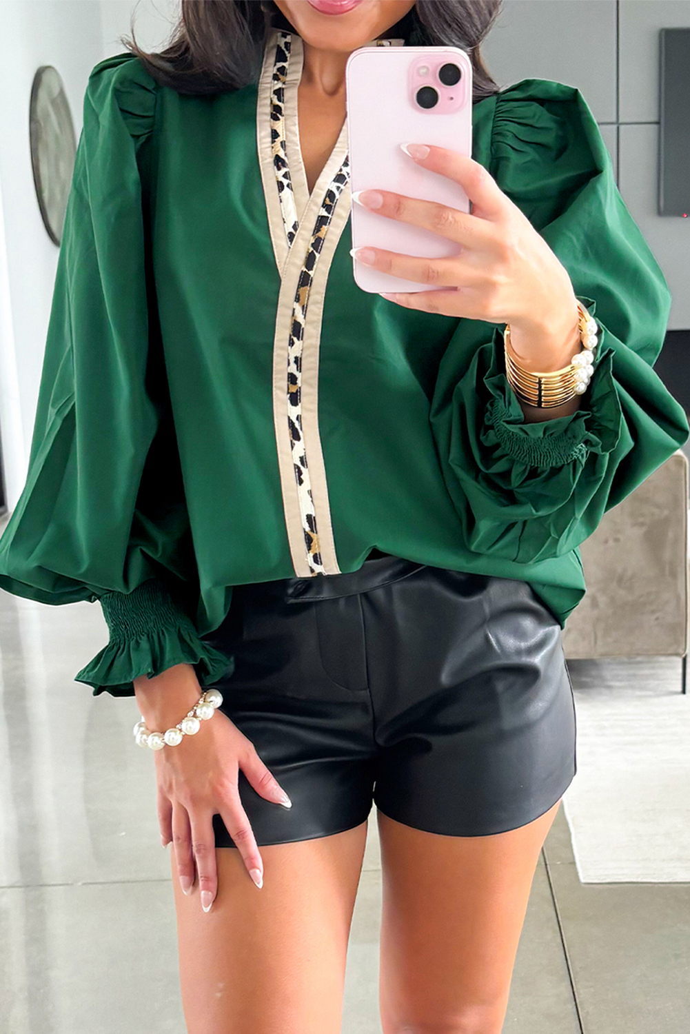Evergreen Puffy Flounce Sleeve Leopard Trim V Neck Blouse - loveforevers