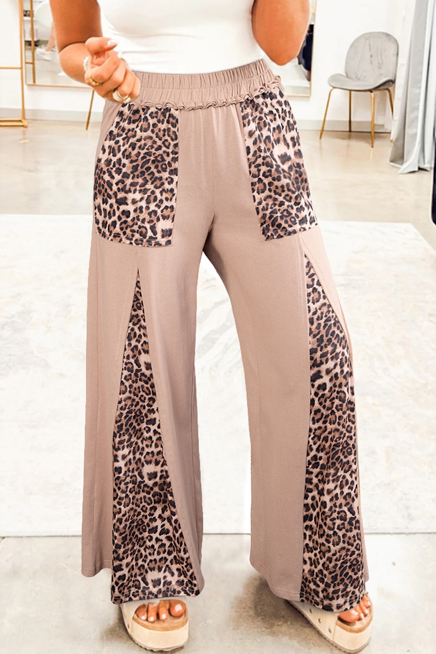 Straw Yellow Mineral Wash Leopard Patchwork Wide Leg Pants - loveforevers