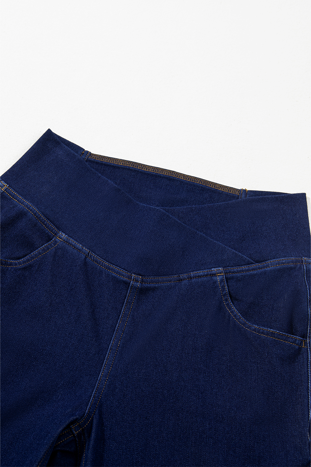 Dusk Blue Solid Crossed Waist High Elastic Fit Flare Knit Jeans - loveforevers