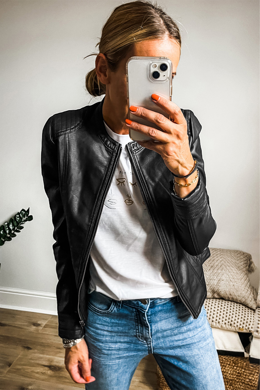 Chestnut Solid Faux Leather Zipper Slim Fit Bomber Jacket - loveforevers