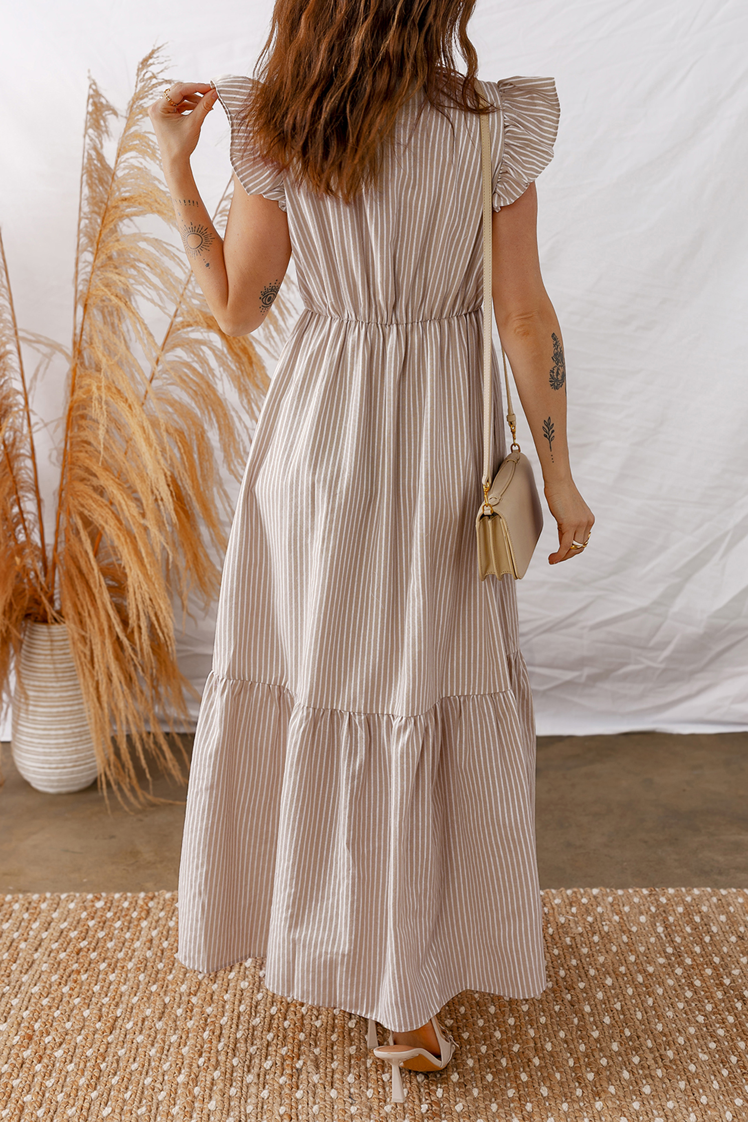 Khaki Stripe Flutter Sleeve Buttoned Front Slit Maxi Dress - loveforevers