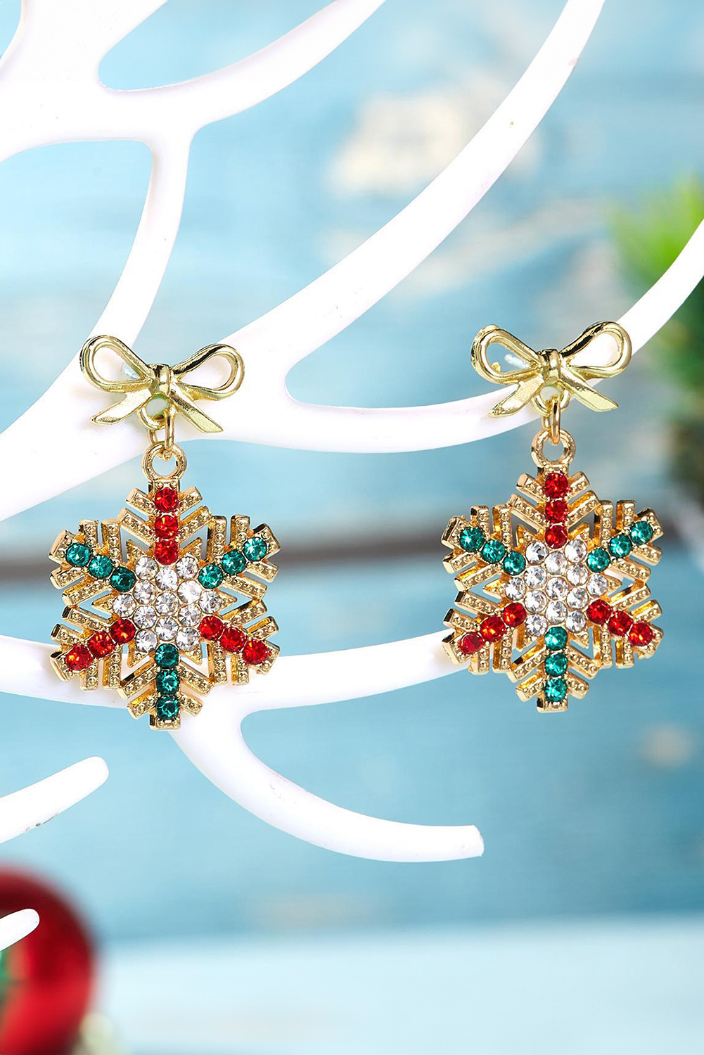 Gold Plated Bow Stud Rhinestone Embellished Snowflake Earrings - loveforevers