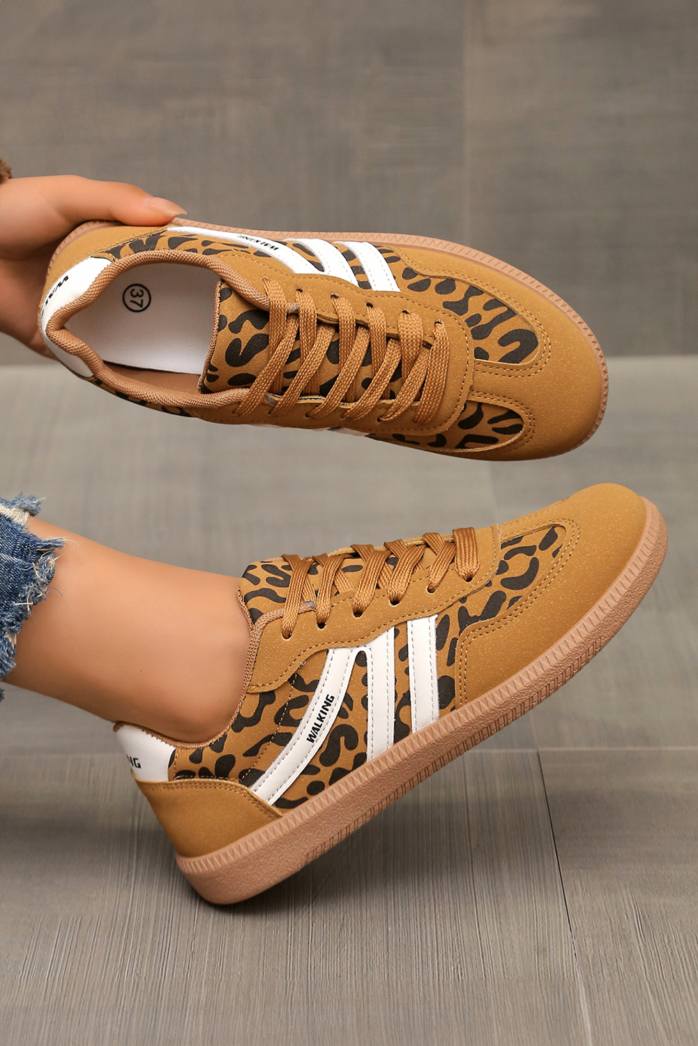 Thai Curry PU Leather Leopard Patchwork Contrast Detail Lace-up Shoes - loveforevers