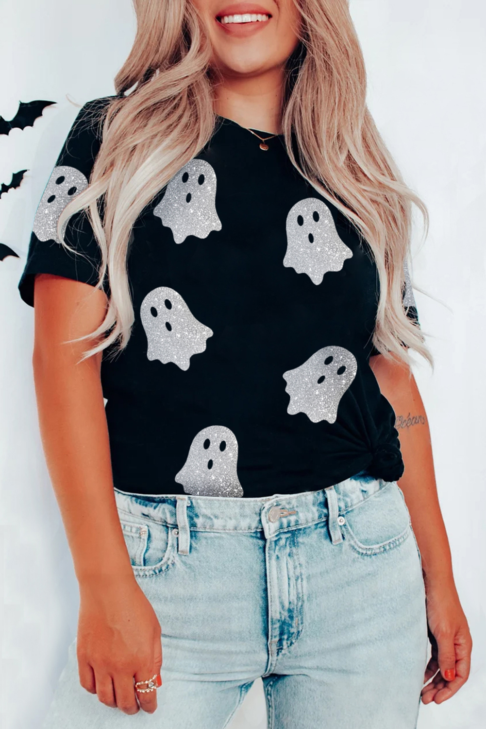 Wisteria Glitter Trim Chenille Ghost Patched Halloween Graphic Tee - loveforevers
