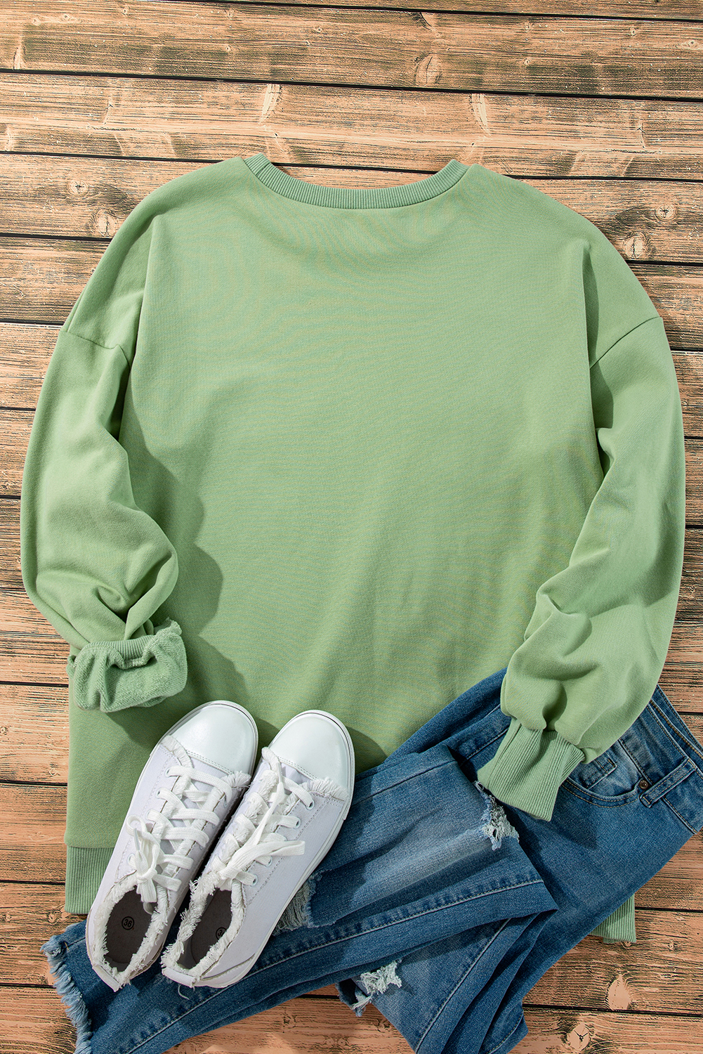 Grass Green Solid Fleece Lined Drop Shoulder High Low Sweatshirt - loveforevers