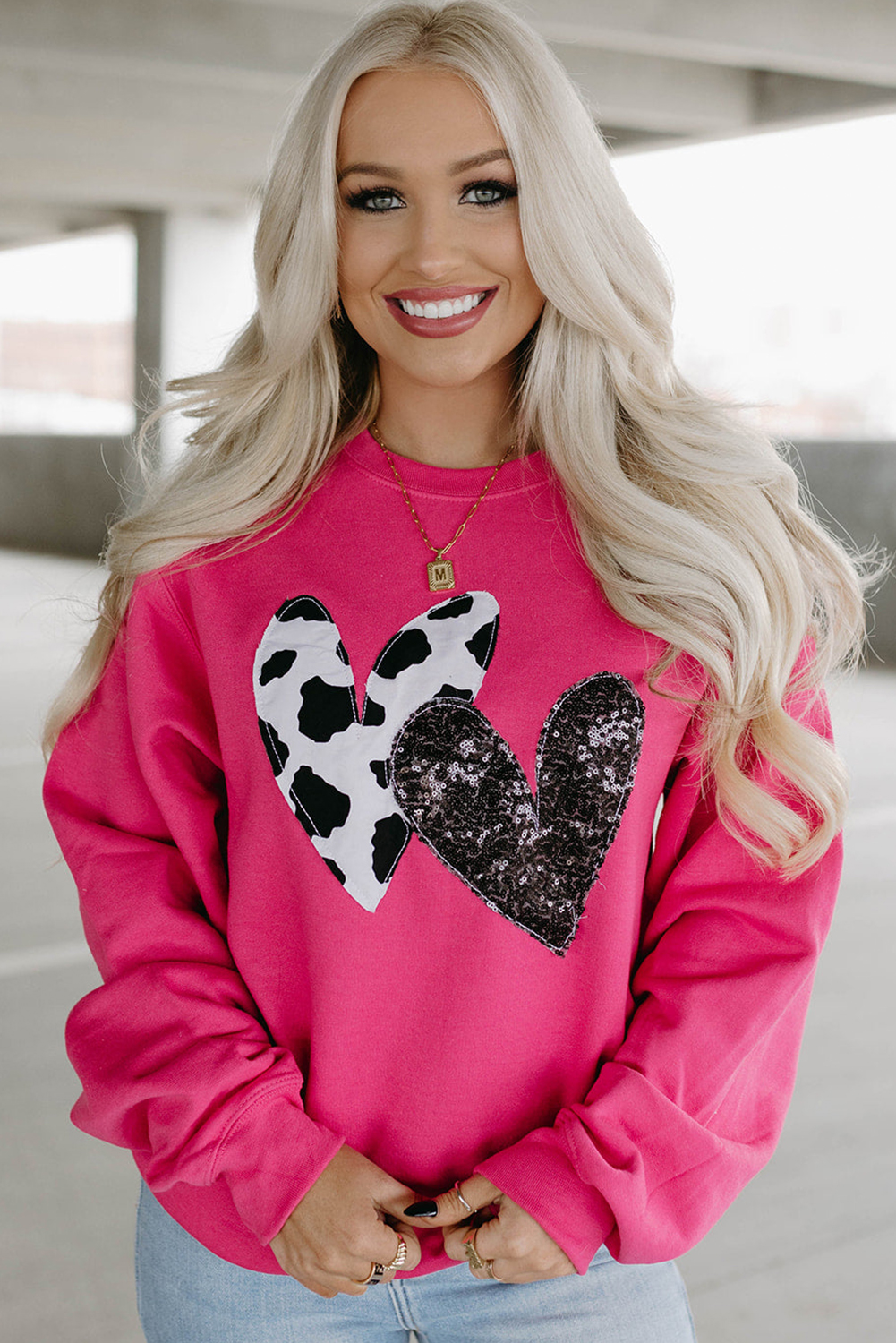 Strawberry Pink Cow & Sequin Double Heart Patch Graphic Sweatshirt - loveforevers