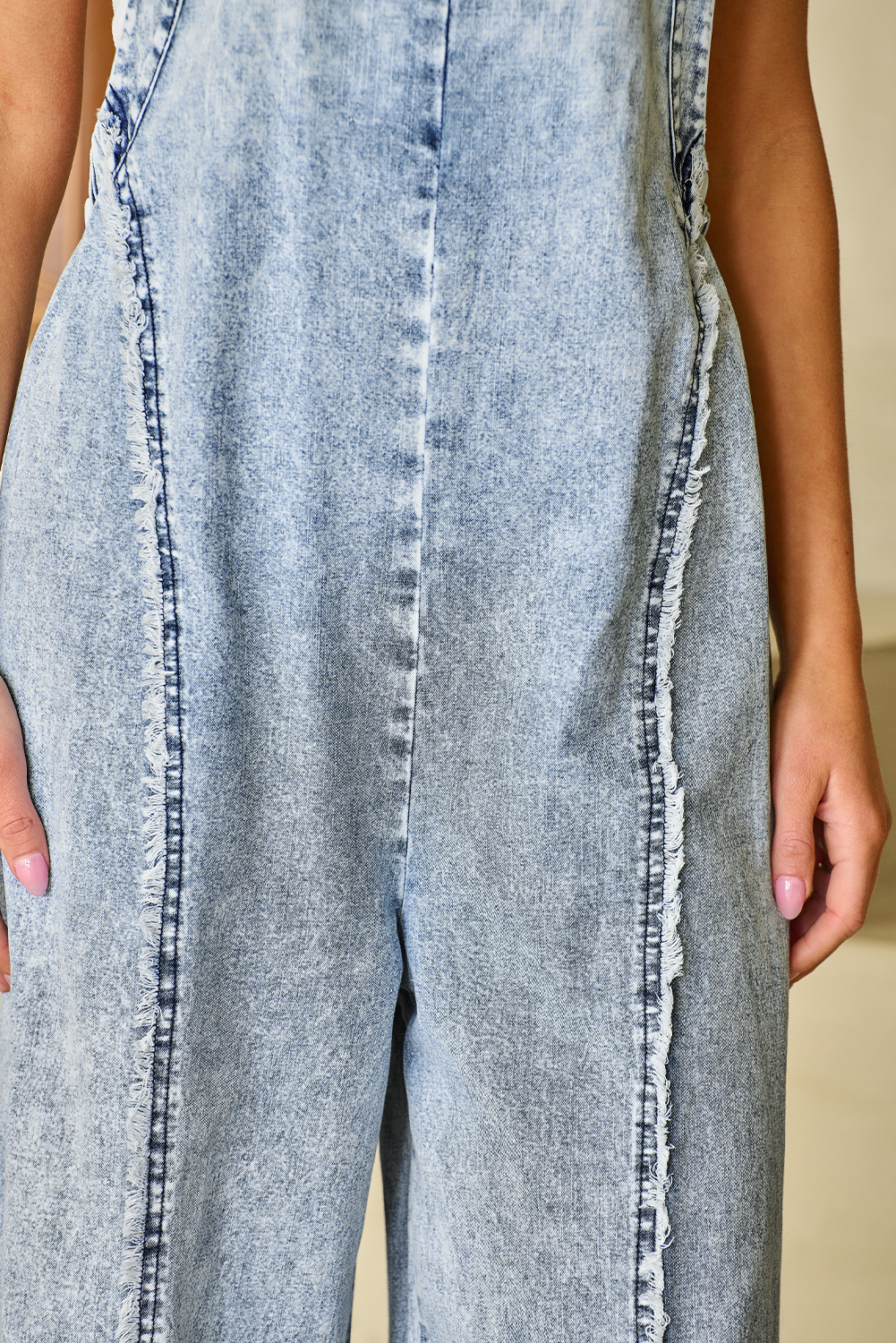 Beau Blue Light Wash Frayed Exposed Seam Wide Leg Denim Overall - loveforevers