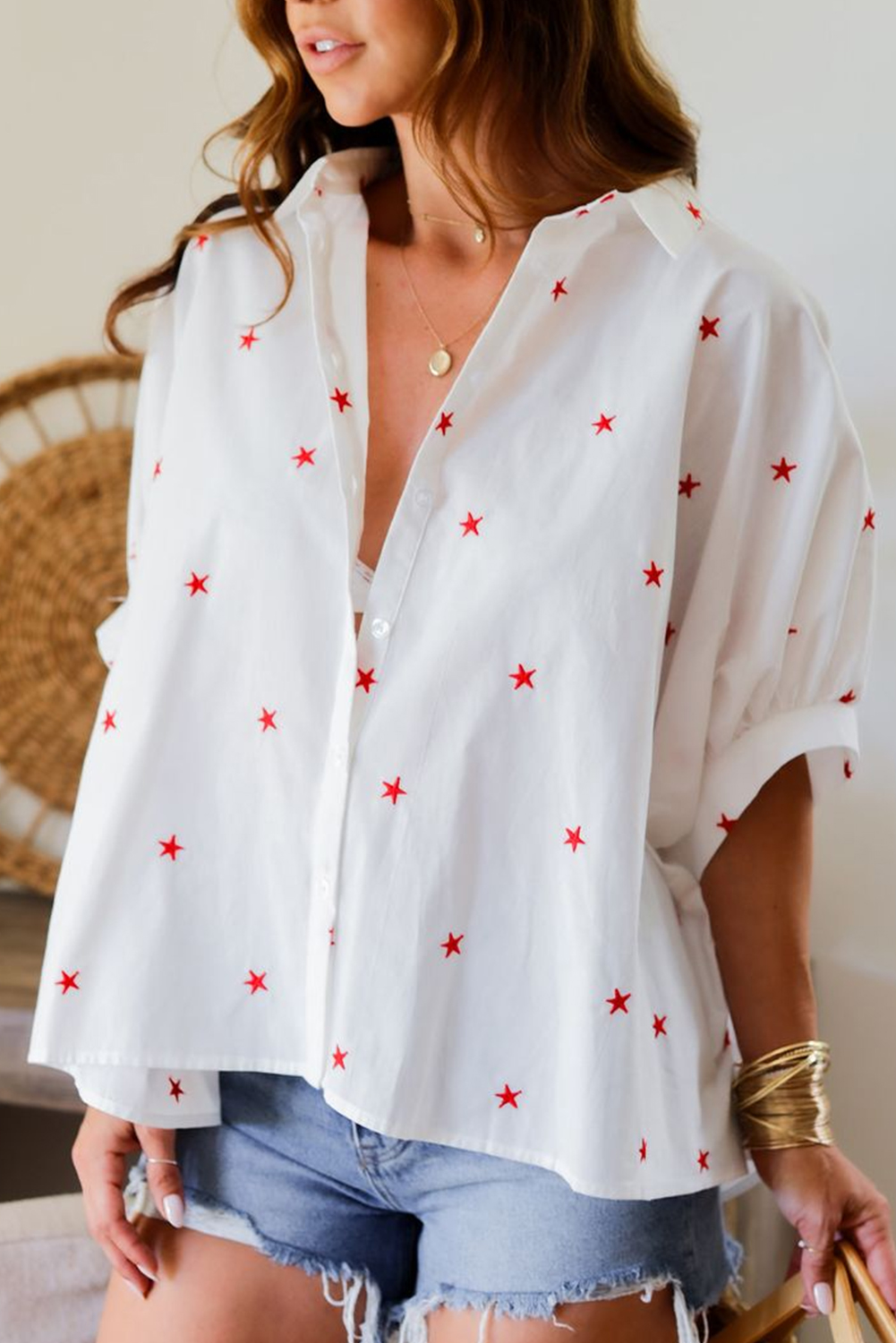 White Little Stars Printed Loose Half Sleeve Loose Shirt - loveforevers