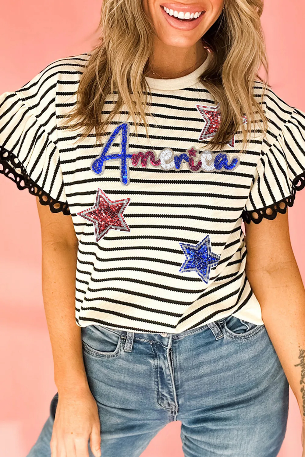 Black Stripe Sequin America Star Graphic Ric Rac Flutter Sleeve Blouse - loveforevers