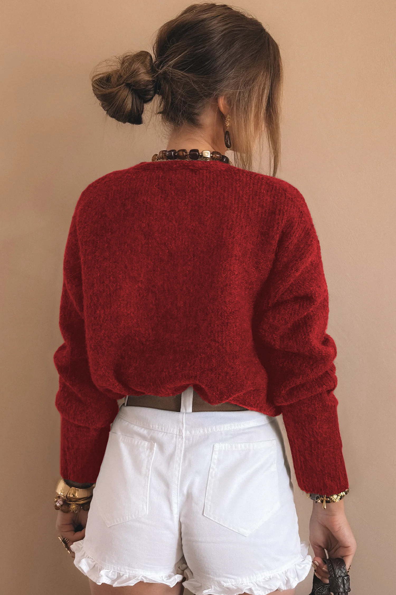 Fiery Red Heart Metal Button V Neck Cardigan Sweater - loveforevers