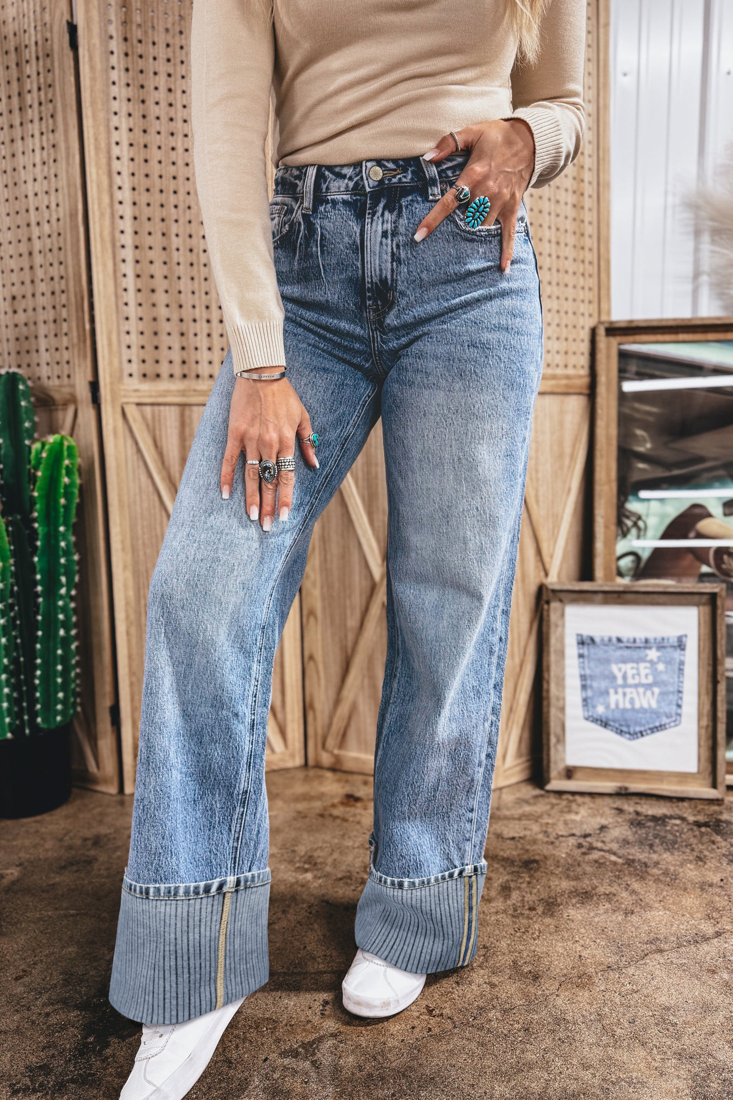 Ashleigh Blue Cuffed Straight Loose Jeans - loveforevers