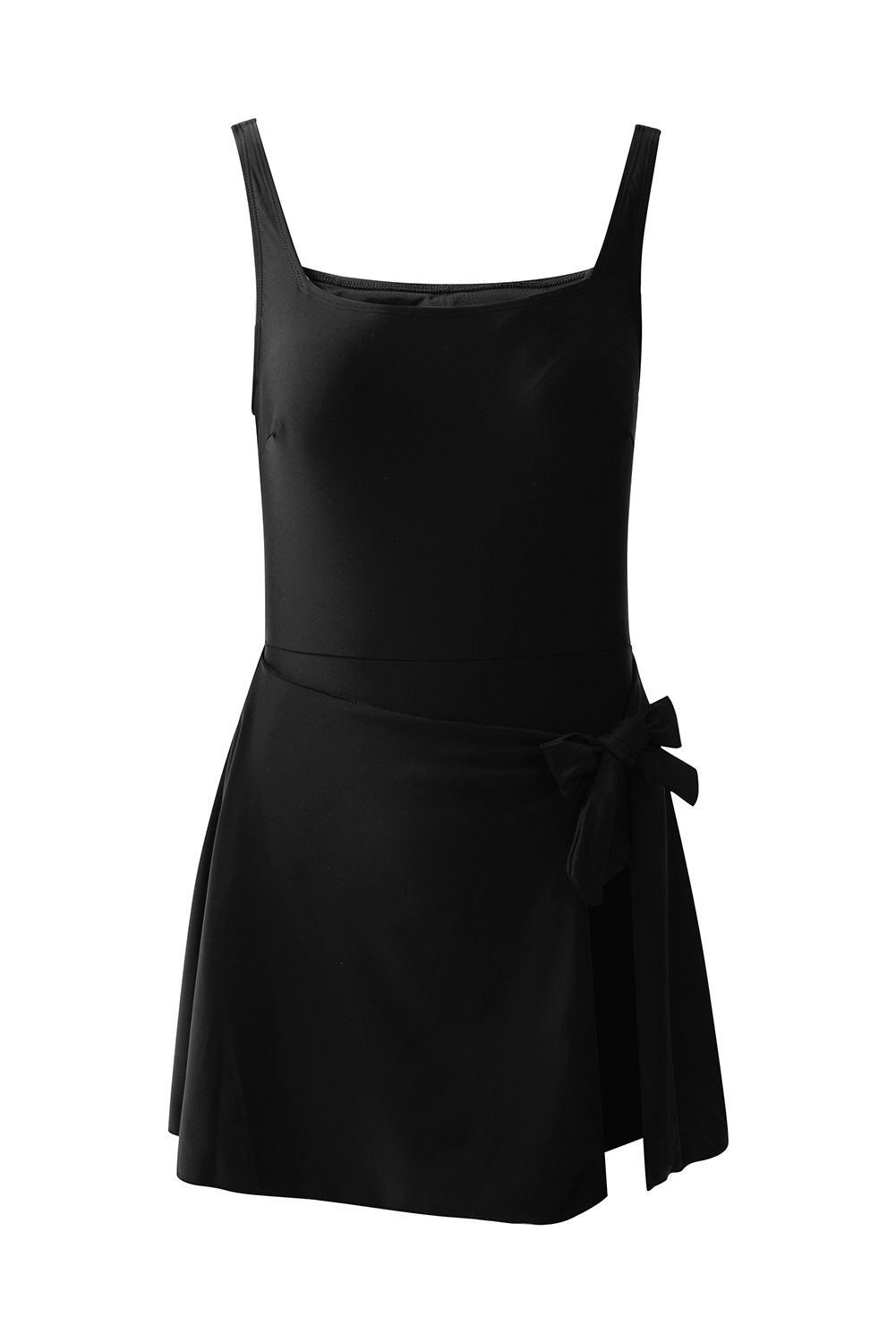 Black Side Tied Waist Square Neck Adjustable Straps A-line One Piece Swim Dress - loveforevers