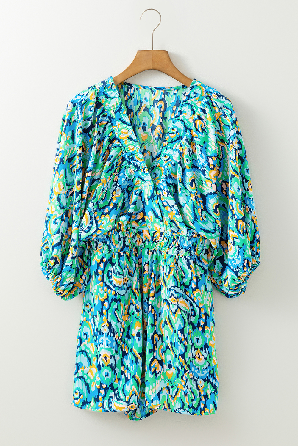 Green Abstract Print Puff Sleeve V Neck High Waist Romper - loveforevers