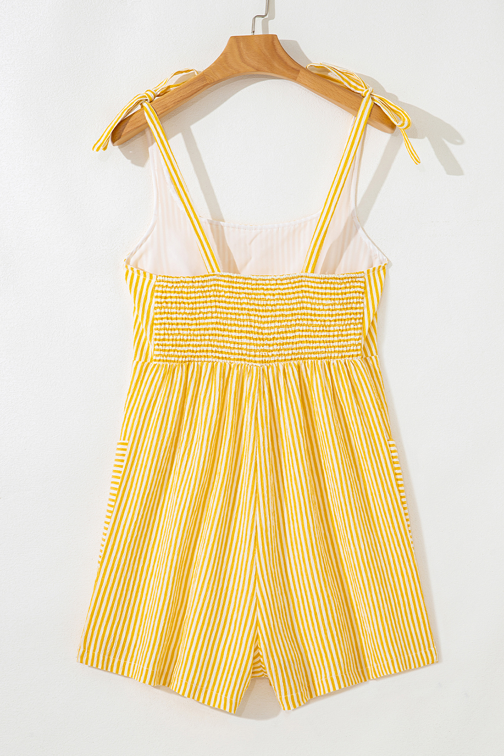 Yellow Stripe Shoulder Tie Smocked Back Wide Leg Casual Romper - loveforevers