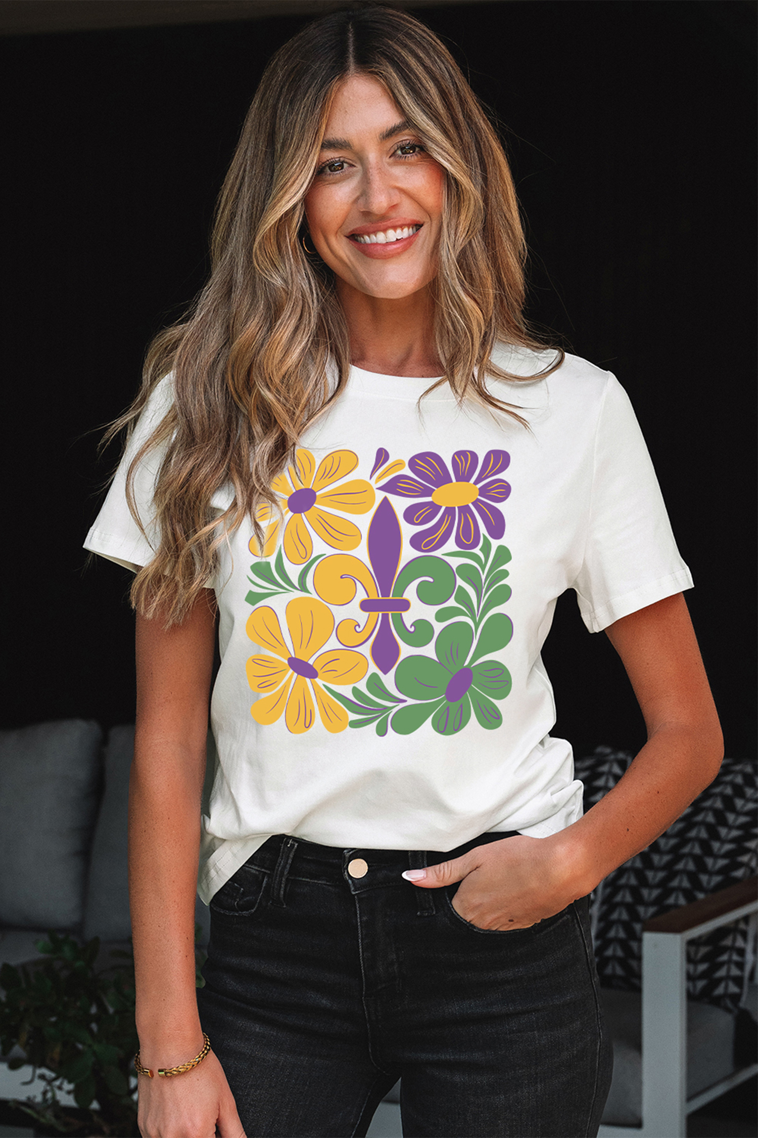 White Mardi Gras Flower Fleur de Lis Graphic Tee - loveforevers